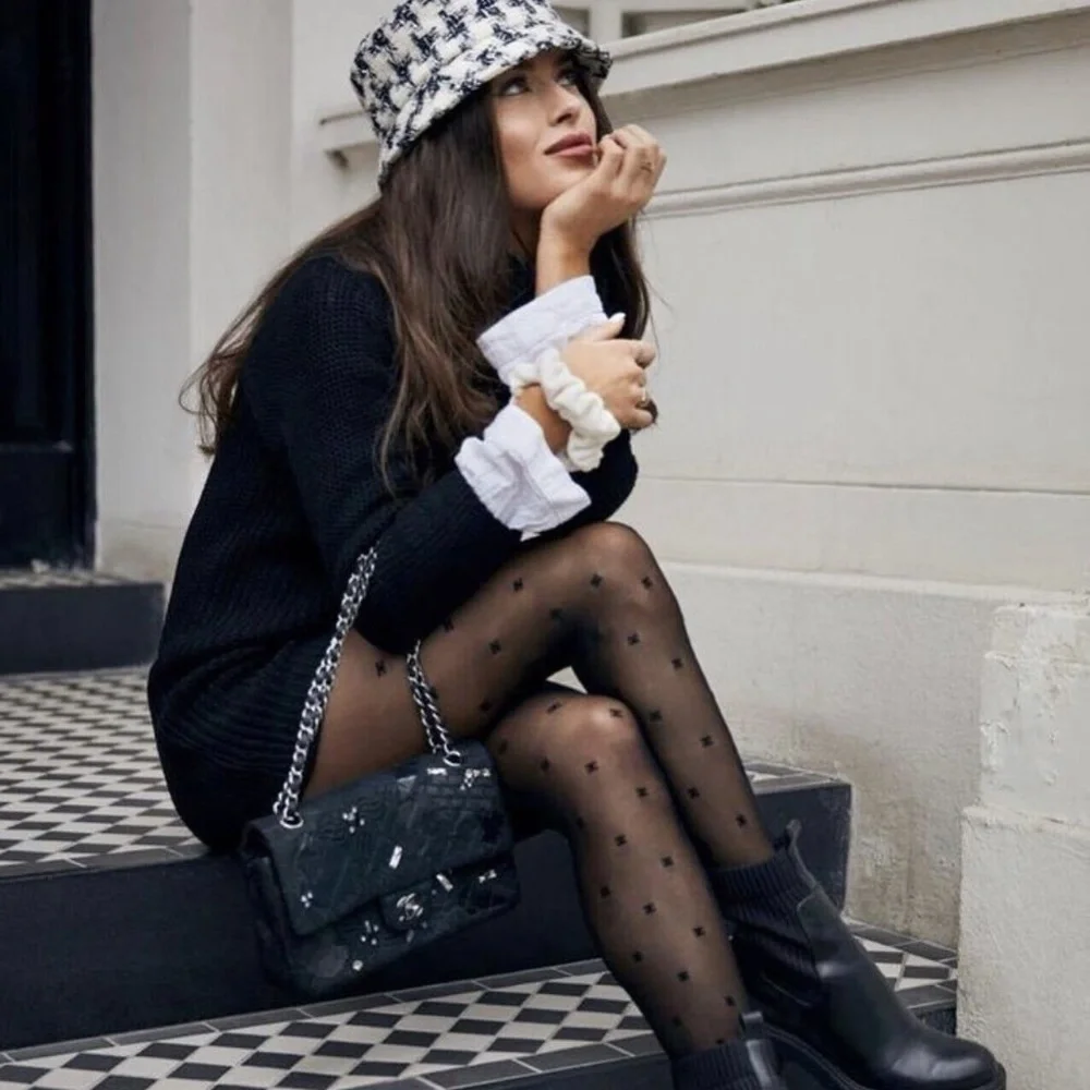 1pair Brocade CC / GG Monogram Logo, Nylon Pantyhose Black White Tights